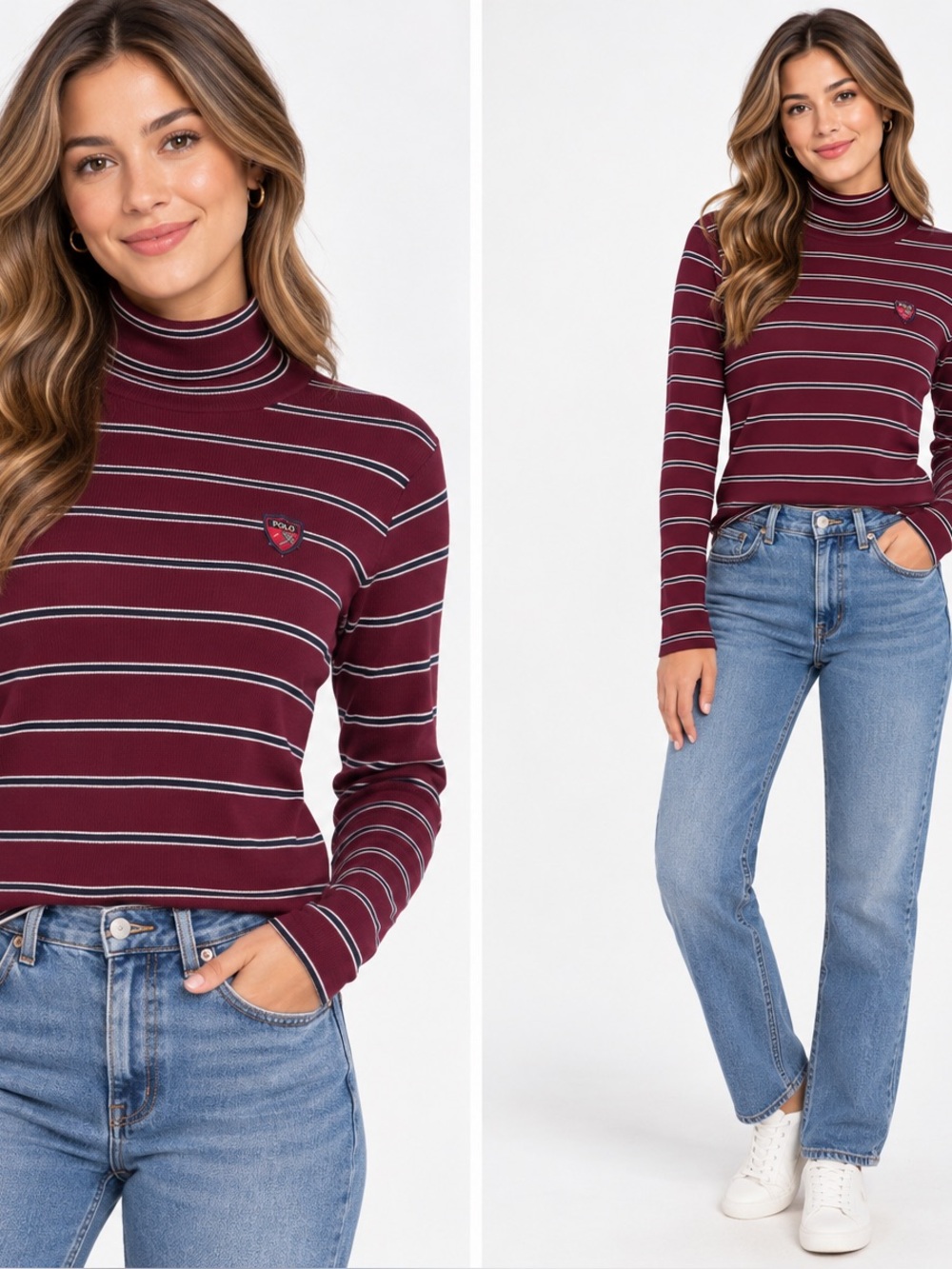 Polo by Ralph Lauren Women Burgundy Striped Turtleneck Long Sleeve Top M